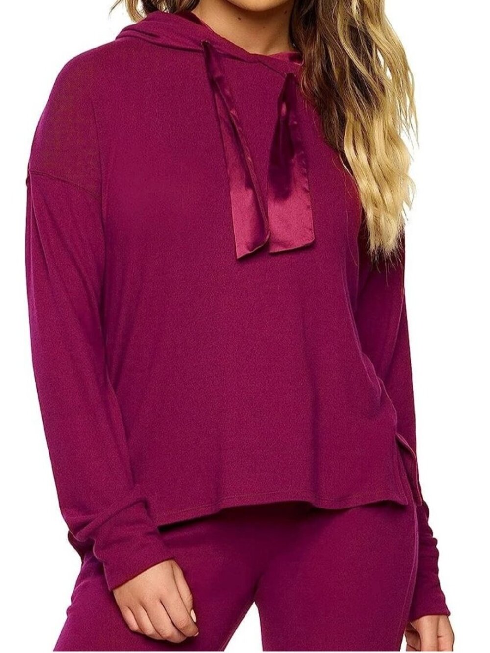Felina Women's Cozy Hacci Lounge Hoodie Top With Satin Detail, Purple, Small